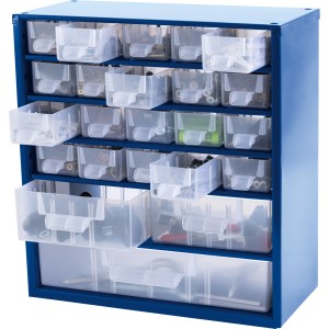 Magazzino in acciaio LUX blu con 23 cassetti trasparenti per riporre piccole parti.