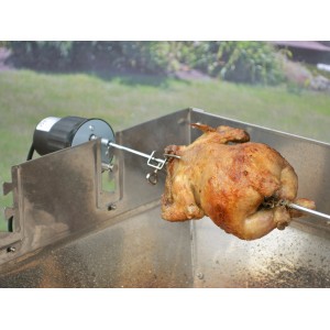 Spiedo per griglia con pollo e motore per cottura uniforme, utensile per barbecue.