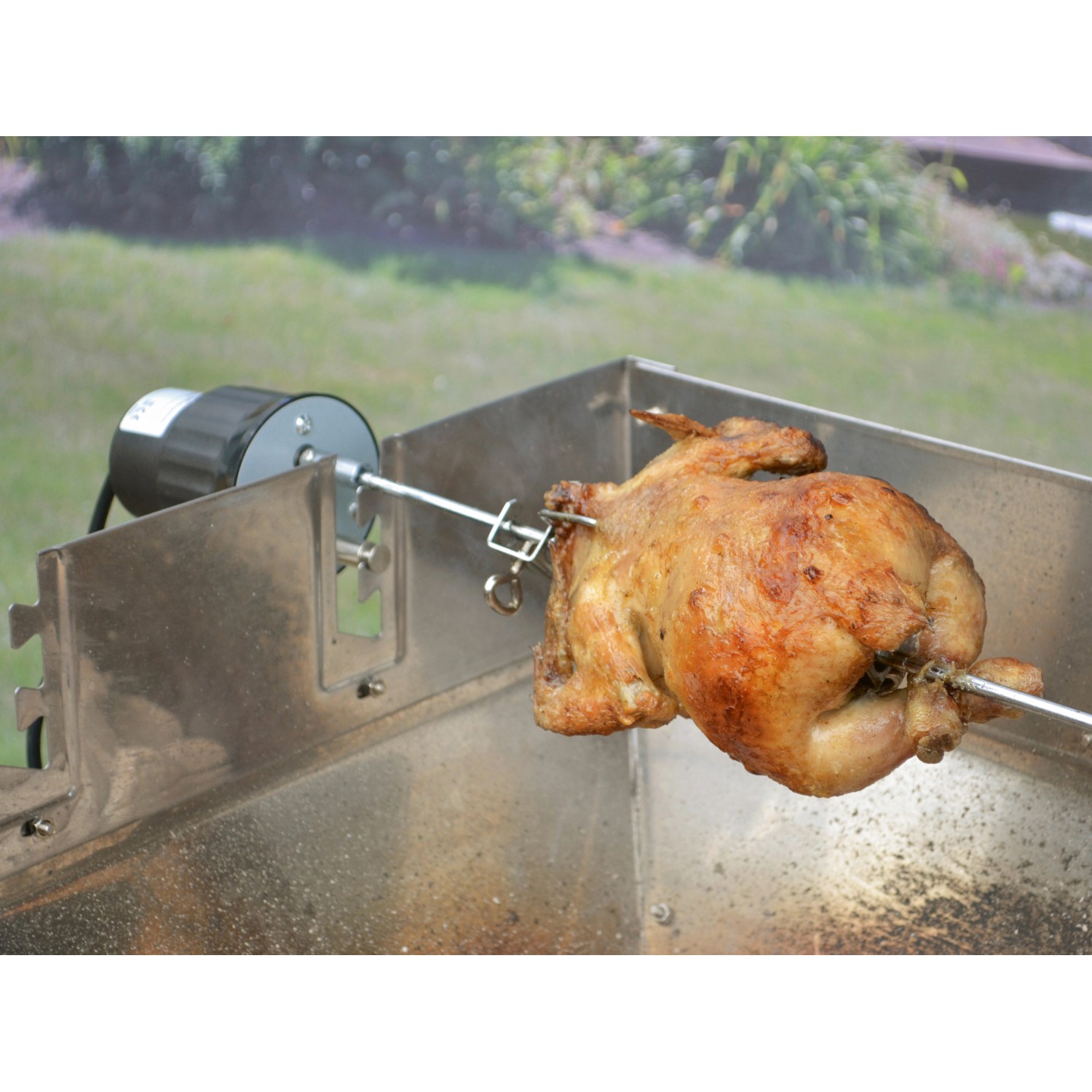 Spiedo per griglia con pollo e motore per cottura uniforme, utensile per barbecue.