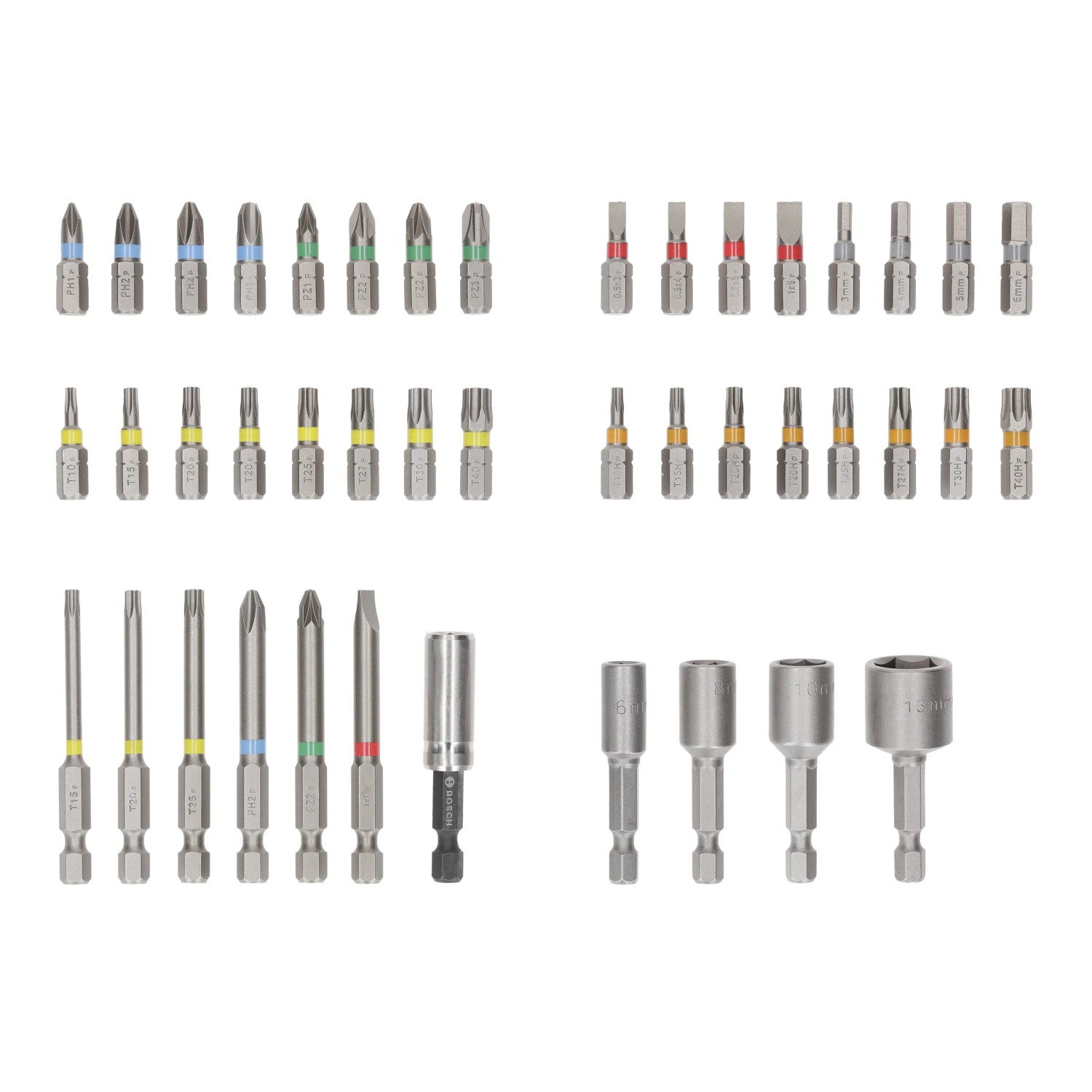 Set di inserti Bosch Extra Hard, 43 pezzi, con inserti per cacciavite e bussole con codice colore.