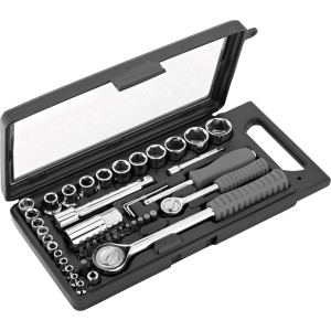 Set di chiavi a bussola da 44 pezzi (1/4" e 1/2") in custodia nera.