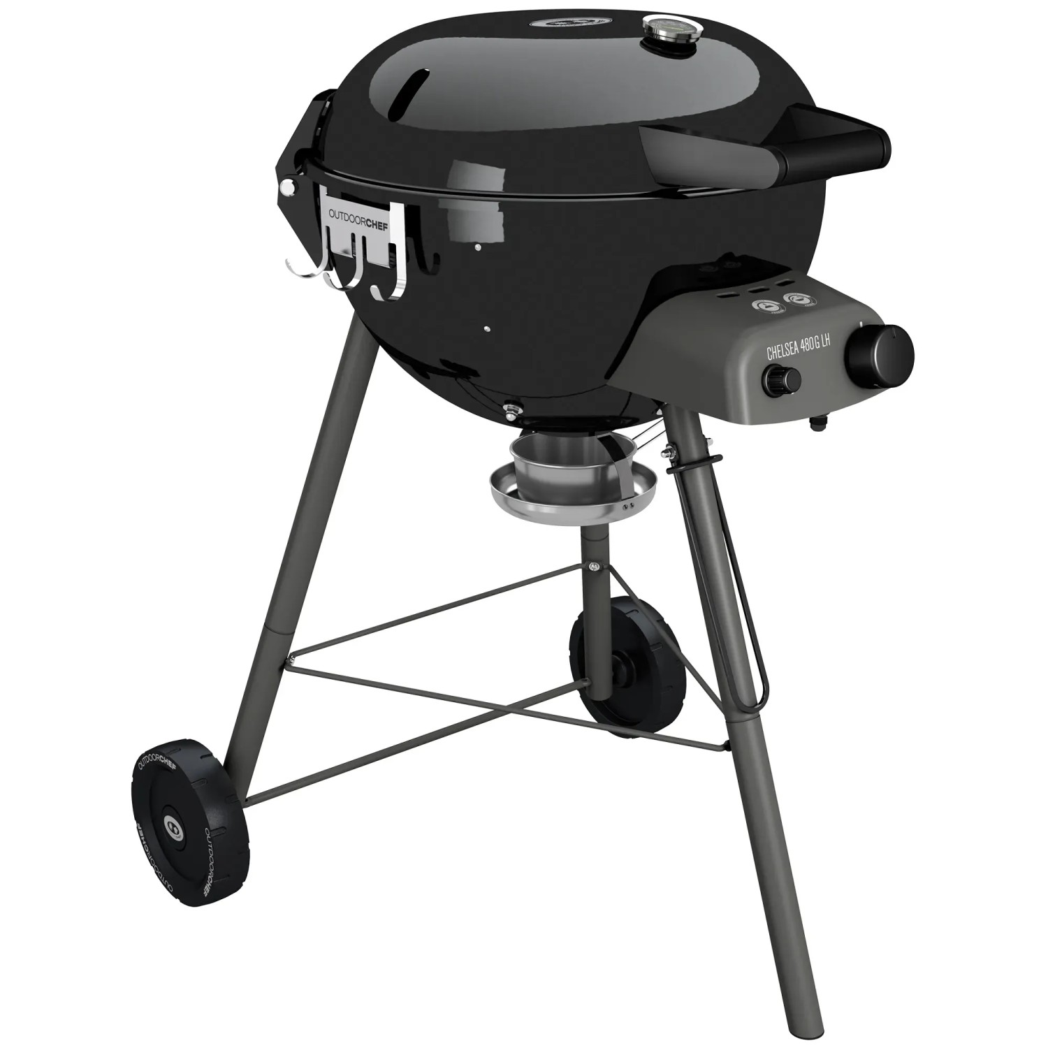 Barbecue a gas nero t.b.t. con ruote e area di stoccaggio.