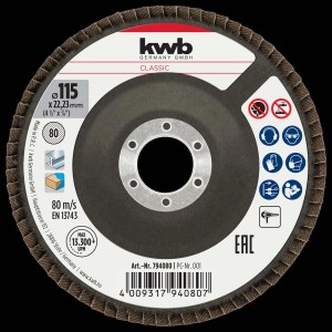 Disco lamellare KWB, 115mm, grana 80, per smerigliatrici angolari. Per levigare metallo e legno.