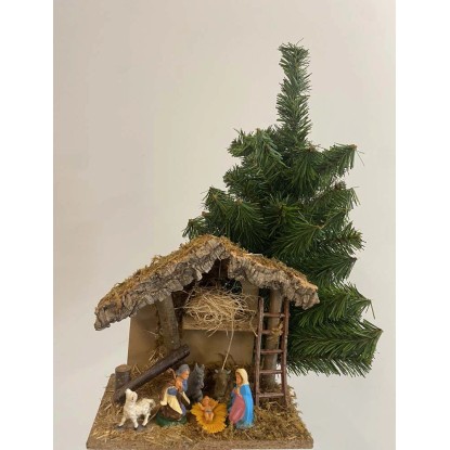 Capanna presepe con albero H 45 cm