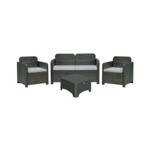 Set di mobili da giardino grigio: divano, due poltrone e tavolo. Ideale per terrazza e giardino.