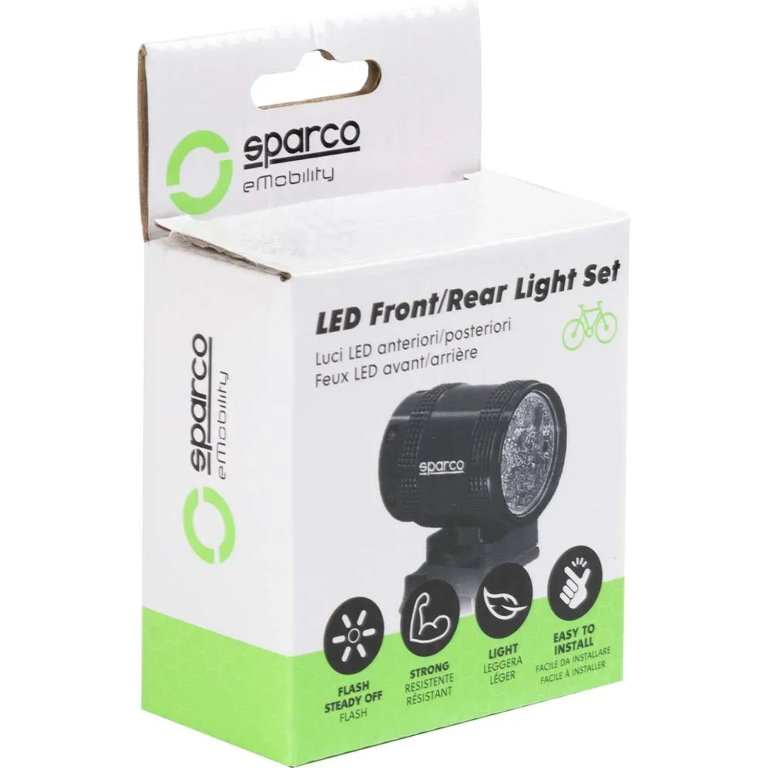 Set luci bici t.b.t. nella confezione Sparco eMobility.