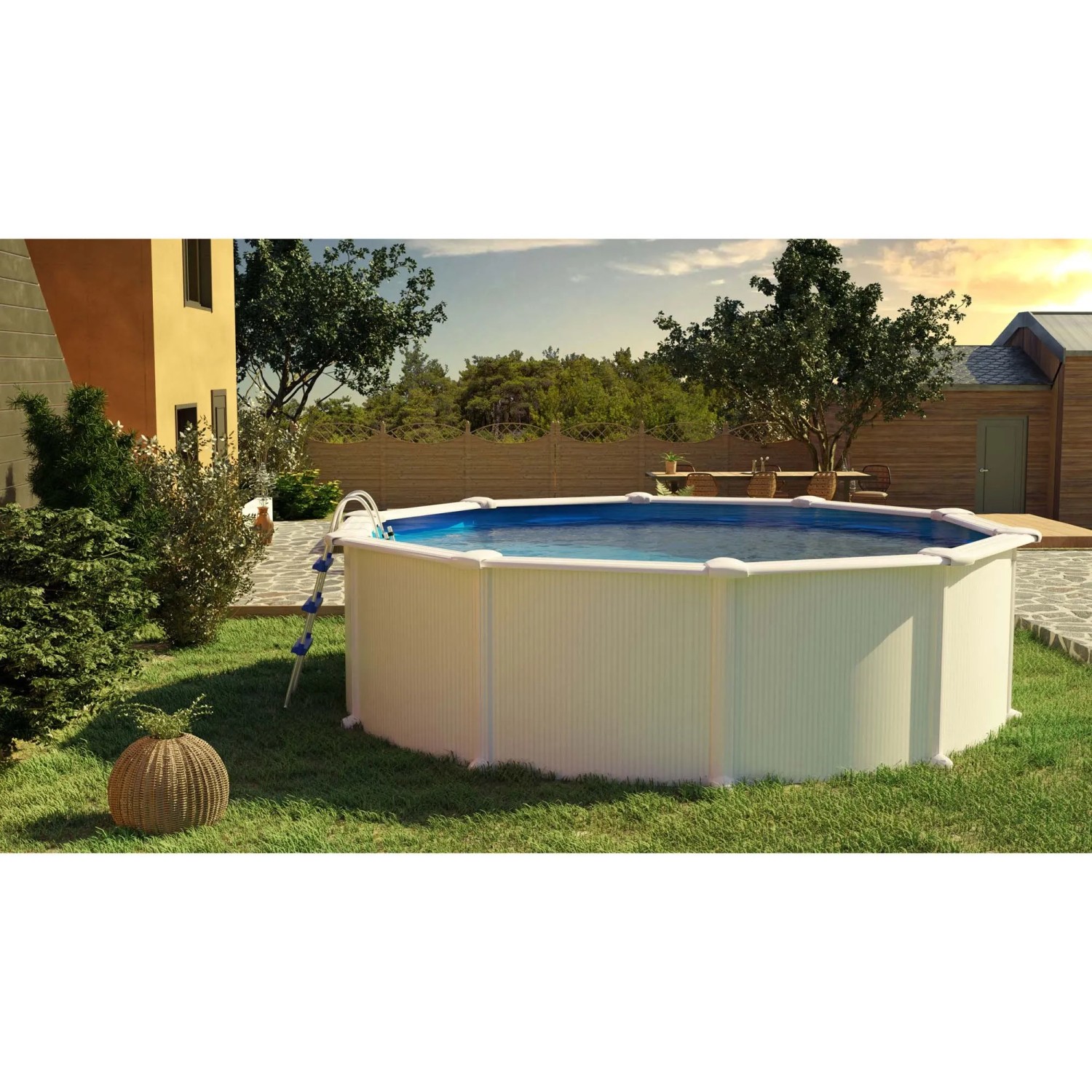 Piscina rotonda Gre Fidji con pareti in acciaio (Ø 350 cm) bianca con scaletta in giardino.
