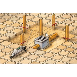 Illustrazione: Livella laser compatta in uso per allineare piastrelle e uno scarico. Strumento di misura per lavori di precisione.