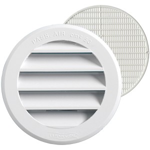Griglia di ventilazione t.b.t. bianca rotonda con lamelle e inserto a griglia.
