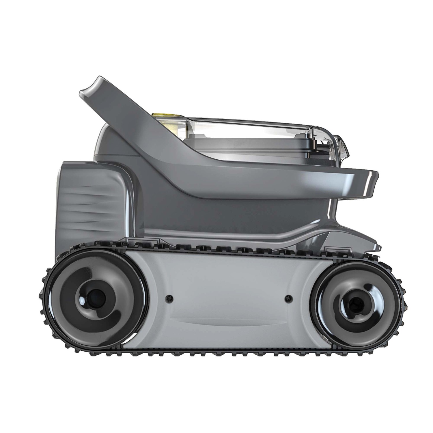 Robot per piscina grigio con cingoli per la pulizia delle piscine.