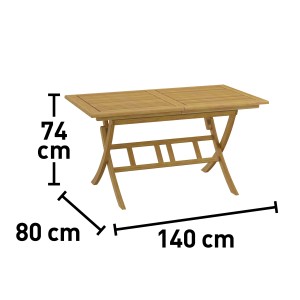 Tavolo da giardino allungabile in legno con dimensioni (altezza 74cm, larghezza 80cm, lunghezza 140cm).