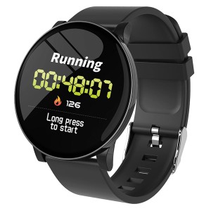 Smartwatch nera con display rotondo e funzione di monitoraggio fitness.