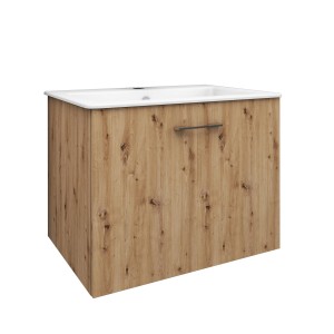 Mobile bagno t.b.t. con finitura legno e lavabo bianco.