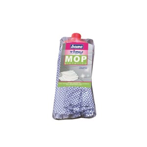 Mocio Bama Zipy, panno per la pulizia a motivi blu e bianchi, confezionato.