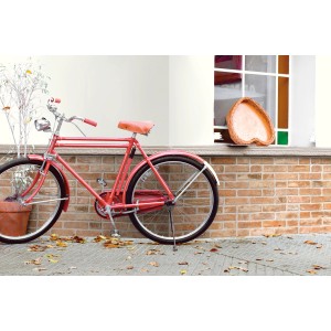 Scena con piastrelle da rivestimento, bicicletta rossa e muro di mattoni. Ideale per bagno o cucina.