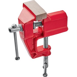 Morsa da banco mini rossa 50 mm con fissaggio a tavolo per lavori di bricolage.