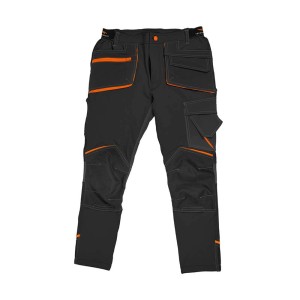 Pantaloni da lavoro neri con dettagli arancioni e tasche multiple.