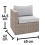 Dettaglio: Elemento angolare del set lounge Olea Compact in polyrattan color sabbia con cuscini grigi e dimensioni.