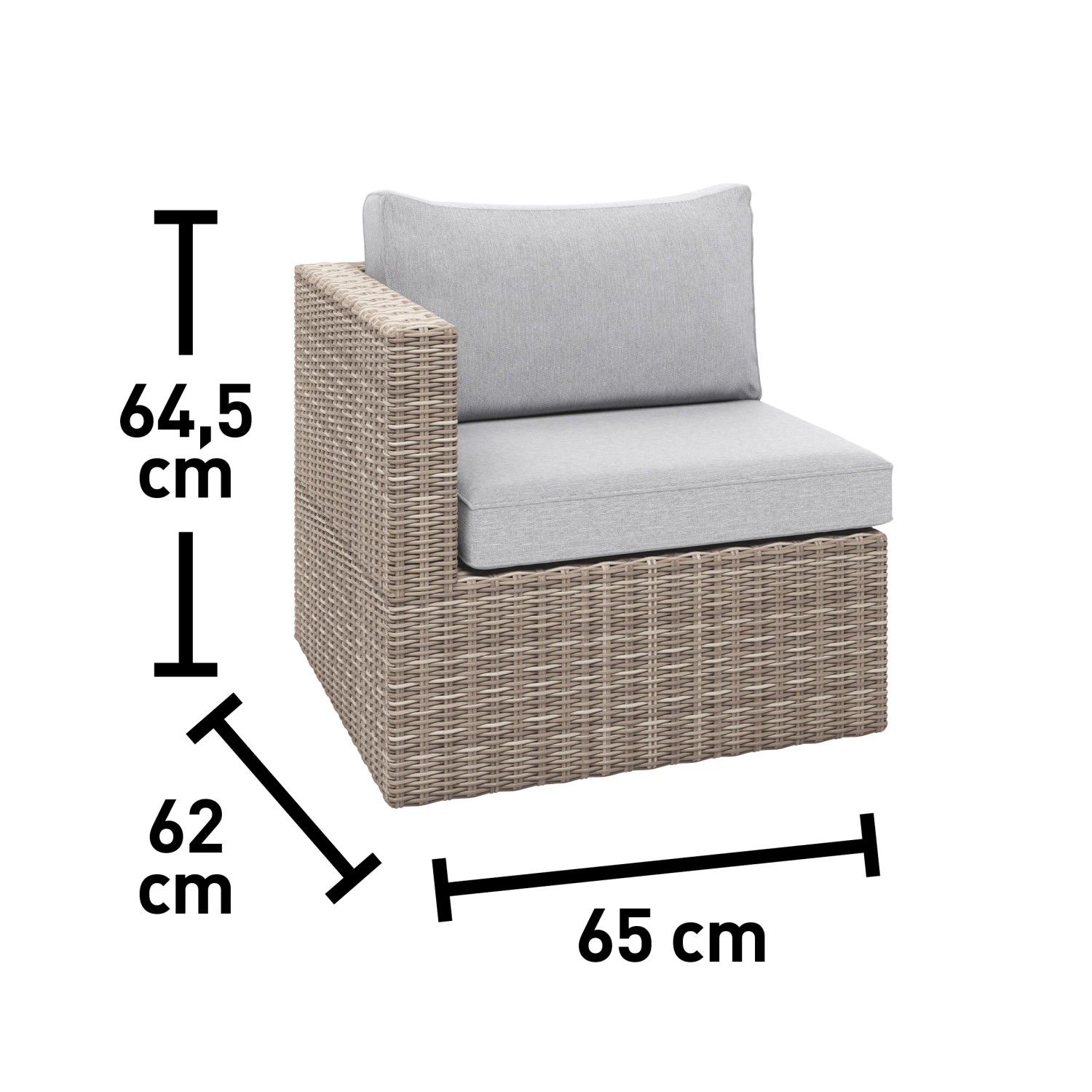Dettaglio: Elemento angolare del set lounge Olea Compact in polyrattan color sabbia con cuscini grigi e dimensioni.