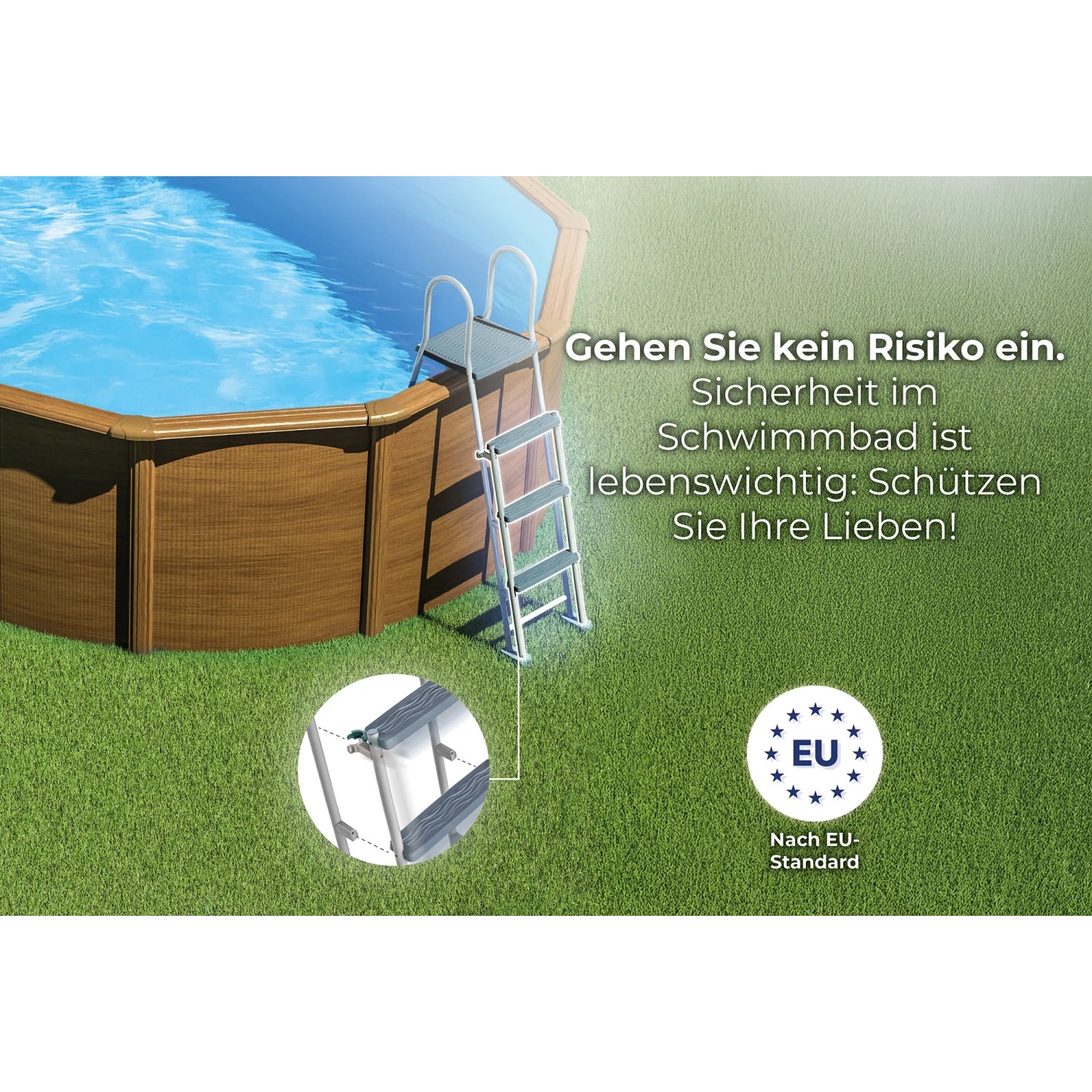 Piscina ovale Gre Amazonia con scaletta. Piscina fuori terra effetto legno in giardino.