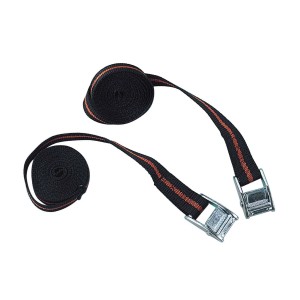 Cinghie di fissaggio t.b.t. per trasporto sicuro, nere con strisce rosse e fibbia in metallo.