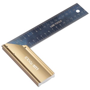 Squadra LUX con battuta, lunghezza braccio 200 mm, scala incisa al laser, smusso a 45° per misurazioni precise.