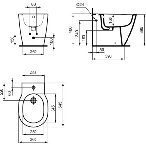 Disegno tecnico di un bidet t.b.t. con dimensioni per l'installazione e la progettazione.