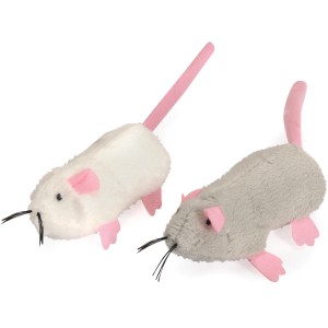 Due topini di peluche per gatti in grigio e bianco con dettagli rosa.