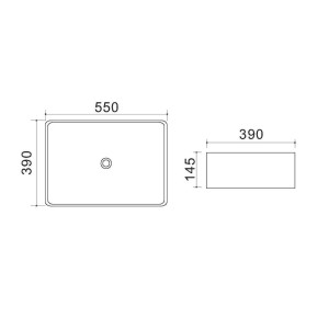 Disegno tecnico del lavabo d'appoggio t.b.t. con dimensioni.