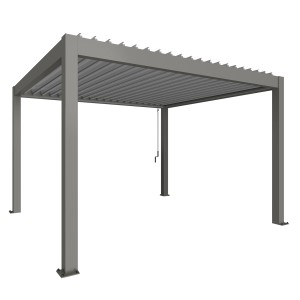Pergola Biohort in grigio quarzo/argento metallizzato, una moderna copertura per patio con lamelle.