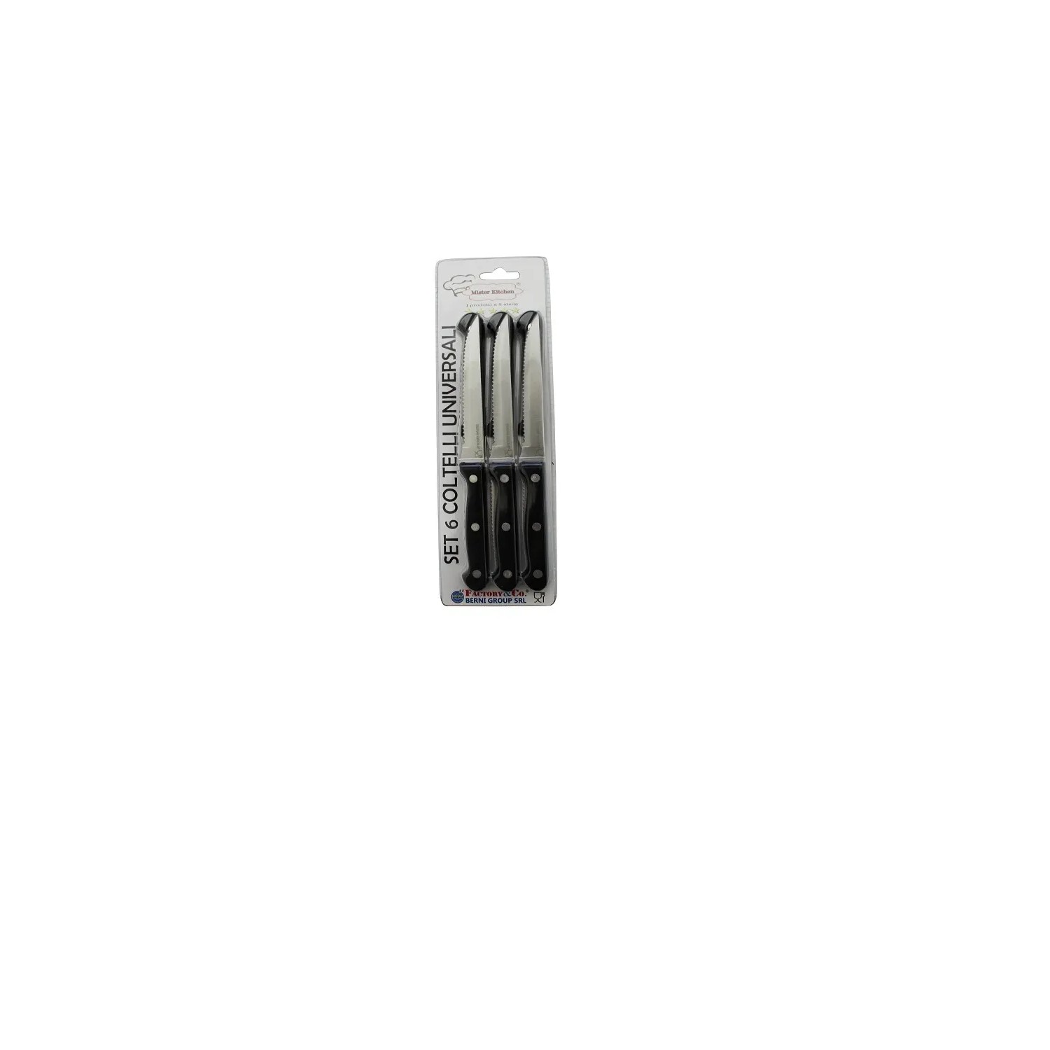 Set di 6 coltelli universali, coltelli da cucina con manici neri, confezionati.