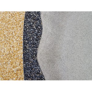 Primo piano di tre diversi rivestimenti per pavimenti: ghiaia beige, ciottoli grigi e una superficie in cemento grigio.