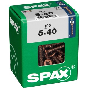 Confezione verde di viti per legno Spax 5x40, 100 pezzi. Viti visibili attraverso la finestra.