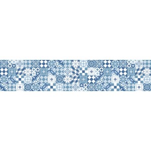 Tappeto da cucina con motivo a piastrelle blu.