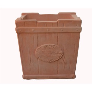 Vaso da fiori quadrato in terracotta con scritta "Welcome my garden".