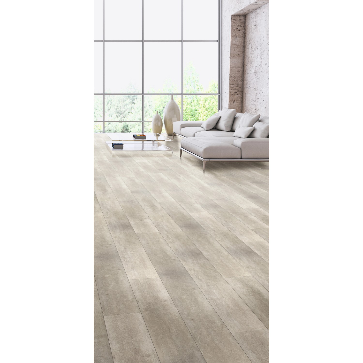 Pavimento laminato chiaro Masterfloor Beton Fossil in soggiorno con divano e finestra.