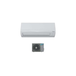 Climatizzatore t.b.t. bianco con unità interna ed esterna per un clima confortevole.