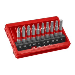 Set di inserti Einhell da 10 pezzi in formato tascabile con profili PH, PZ, TX e HEX in custodia rossa.