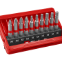 Set di inserti Einhell da 10 pezzi in formato tascabile con profili PH, PZ, TX e HEX in custodia rossa.