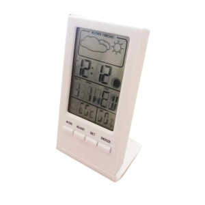 Cronotermostato t.b.t. bianco con display LCD che mostra previsioni meteo, ora, data e temperatura.