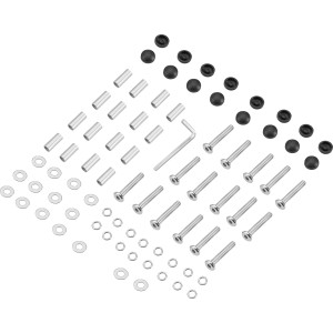 Kit di montaggio per set lounge angolare Lipson con viti, rondelle, manicotti, chiave a brugola e tappi di copertura.