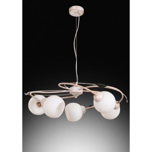 Lampada a sospensione bianca con cinque globi in vetro, ideale per illuminare con stile il soggiorno.