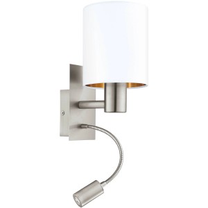 Moderna lampada da parete Pasteri con luce da lettura, nichel opaco, paralume in tessuto bianco con accento rame.