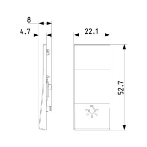 Disegno tecnico: interruttore/dimmer t.b.t. con dimensioni. Vista dettagliata per l'installazione.