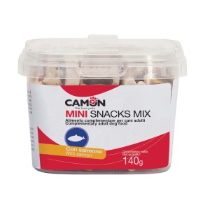 Camom Mini Snacks Mix per cani in contenitore trasparente, gusto salmone.