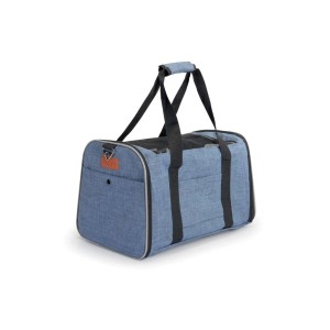 Trasportino per cani t.b.t. blu con cinghie nere per il trasporto sicuro di cani di piccola taglia.