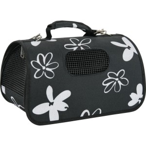 Trasportino per cani t.b.t., nero con fiori bianchi, finestre a rete per ventilazione.