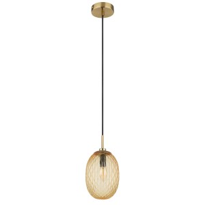 Lampada a sospensione t.b.t. color oro con paralume in vetro decorato per un'illuminazione elegante.