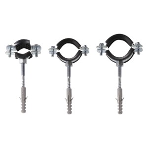 Diverse fascette stringitubo in acciaio con tasselli per il fissaggio.
