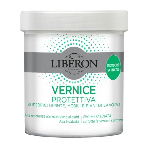Barattolo di vernice protettiva trasparente Liberon per mobili e piani di lavoro.